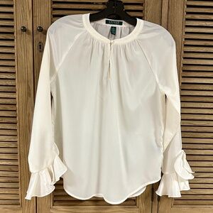 Lauren Ralph Lauren Ivory Silk Blouse Long Sleeve Ruffled Sleeve